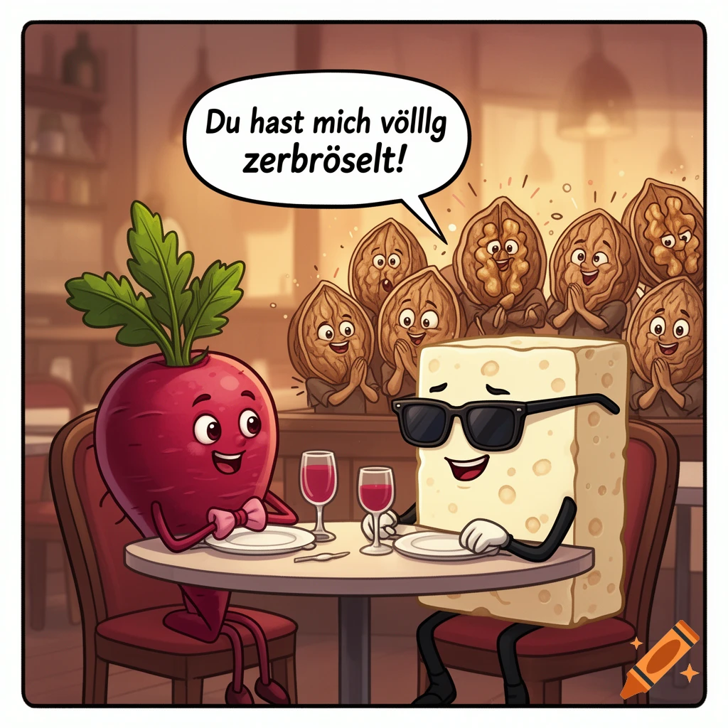 A cartoon beet and feta on a date in a restaurant. The feta says 'You completely crumbled me!' as walnuts applaud.