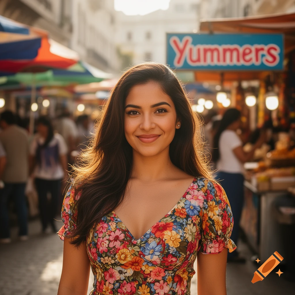 A smiling woman with long dark hair in a floral dress stands in a sunlit outdoor market with a 'Yummers' sign.