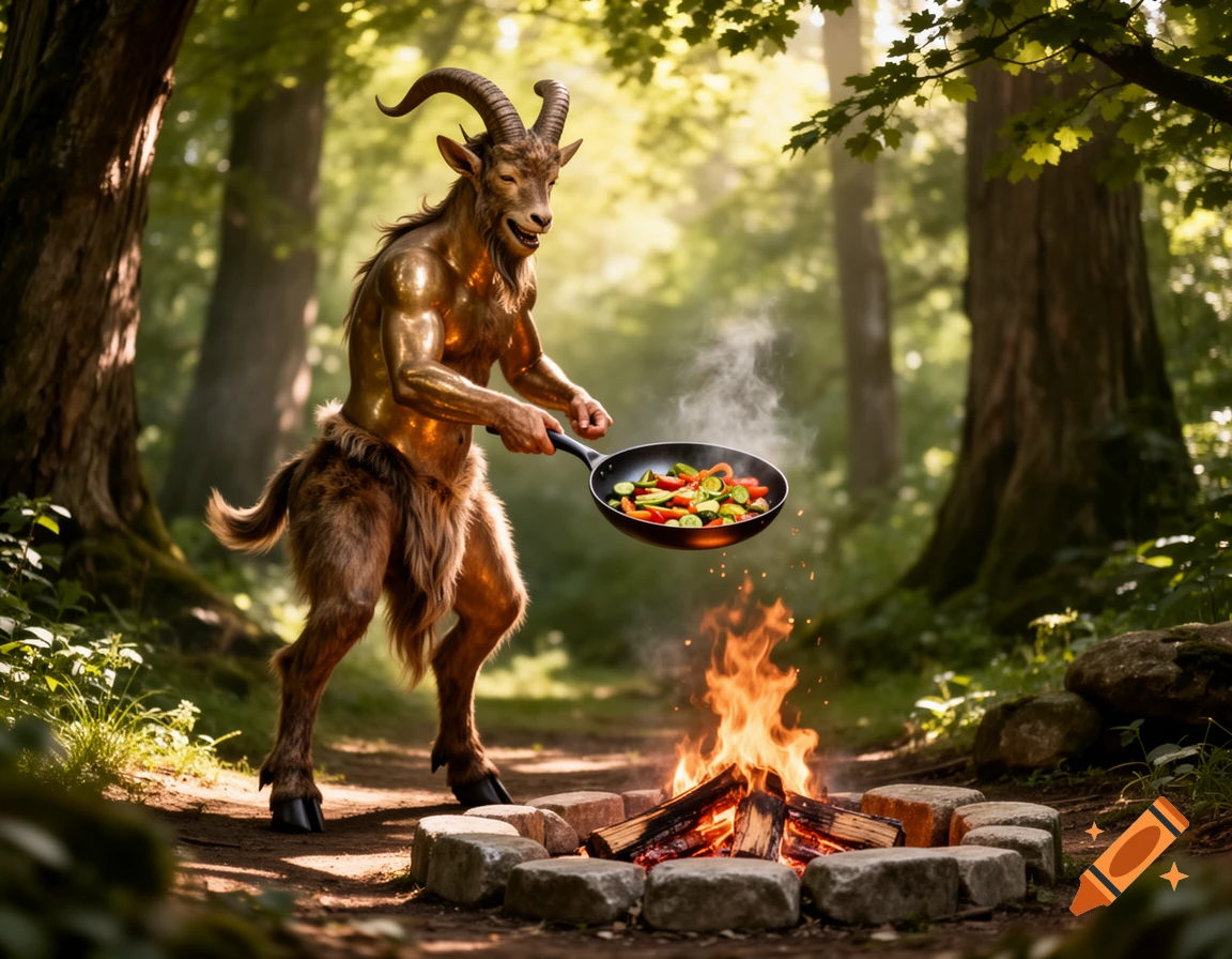 A photorealistic image of the Greek god Pan, a muscular goat-man, cooking vegetables in a frying pan over a campfire in a sunlit forest.