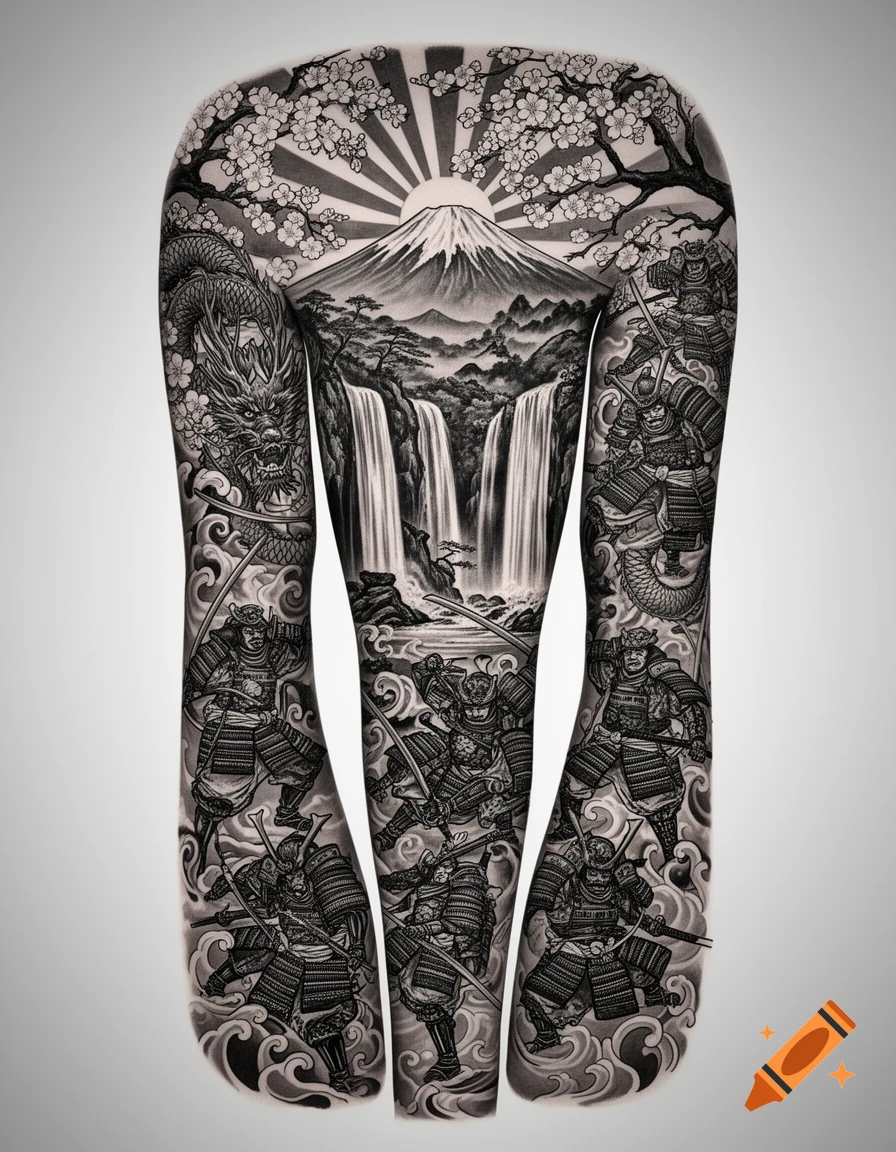Black and grey full-body tattoo design featuring Japanese warriors, a dragon, Mount Fuji, cherry blossoms, and waterfalls.
