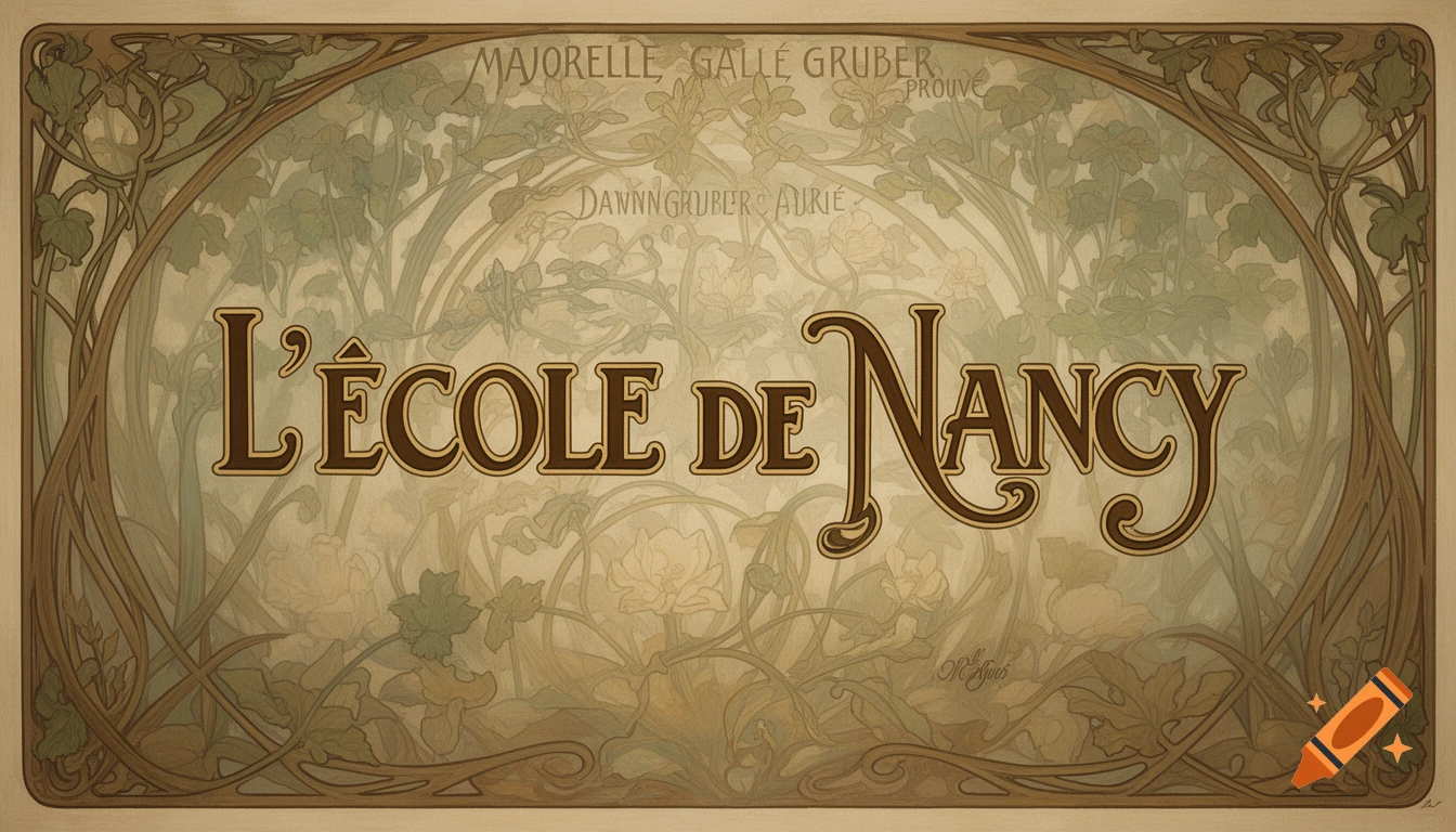An Art Nouveau style poster titled "L'ÉCOLE DE NANCY" in brown elegant typography, framed by intricate green and brown floral and vine motifs. Smaller artist names are subtly in the background.