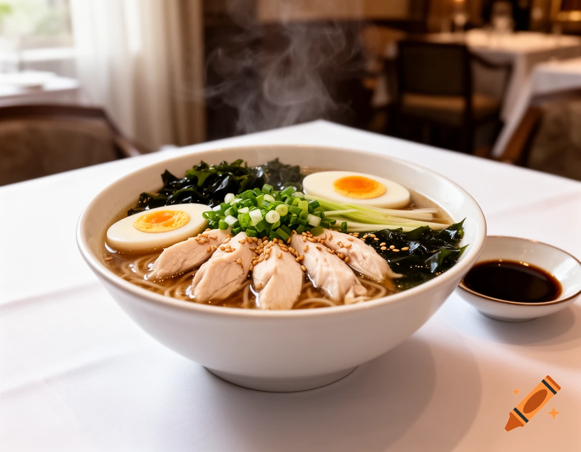 A steaming bowl of Japanese ramen with chicken, soft-boiled eggs, wakame seaweed, green onions, and sesame seeds, on a white tablecloth.