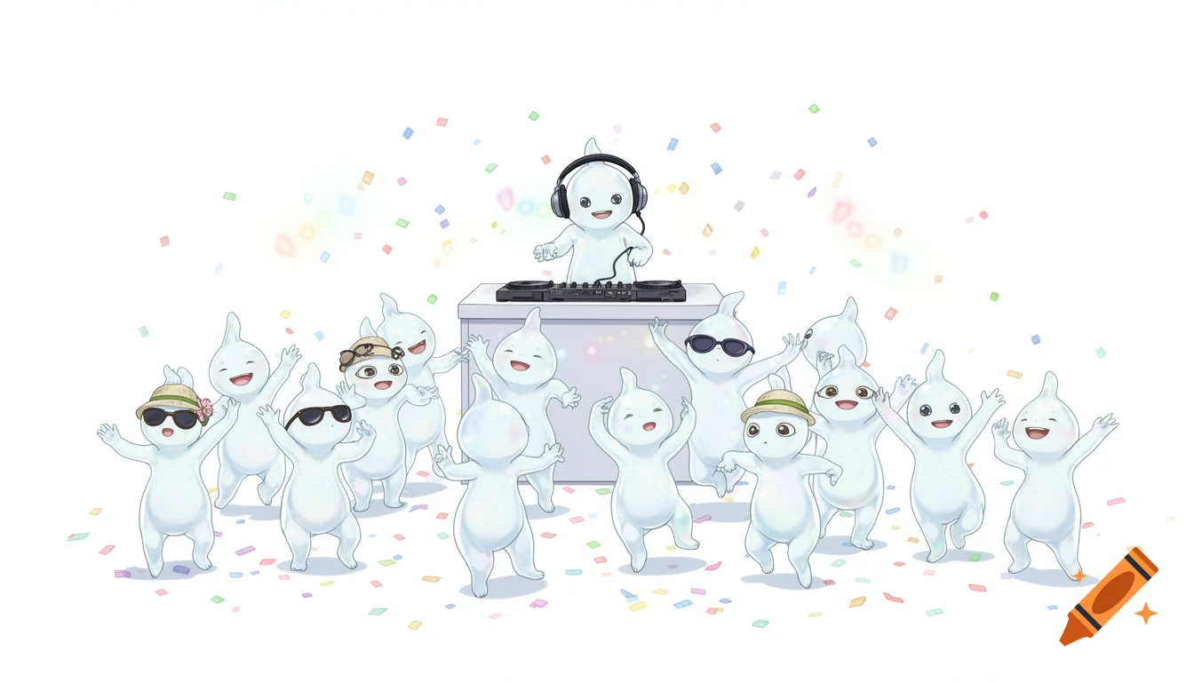 Cartoon forest spirits (Kodama) dancing and a DJ playing music amidst colorful confetti on a white background.