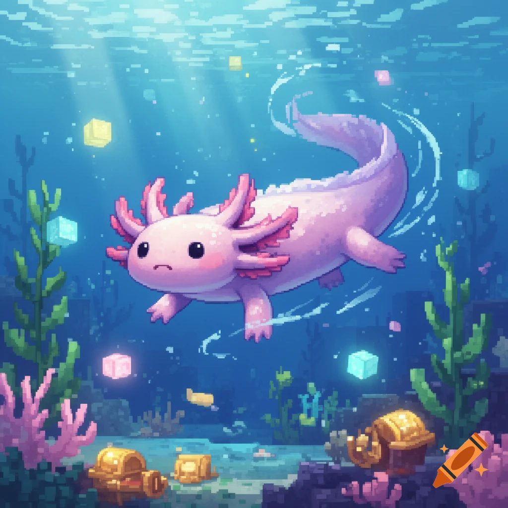 A cute pink pixel art axolotl swims underwater among coral, seaweed, and floating colorful cubes, with light rays shining from above.