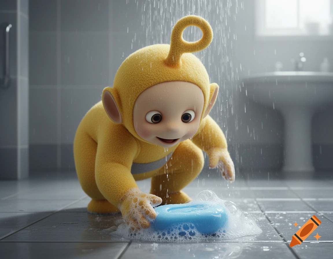 A cute yellow Teletubby, Laa-Laa, kneels on a tiled bathroom floor under a shower, playing with blue soap and bubbles.