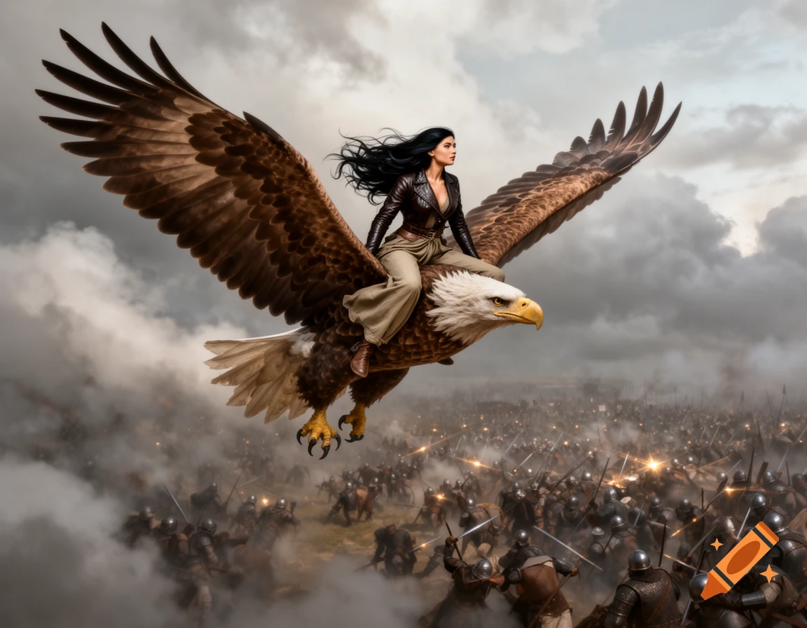 A woman with long black hair rides a giant eagle soaring over a chaotic, smoke-filled battlefield with medieval soldiers fighting below, photorealistic.