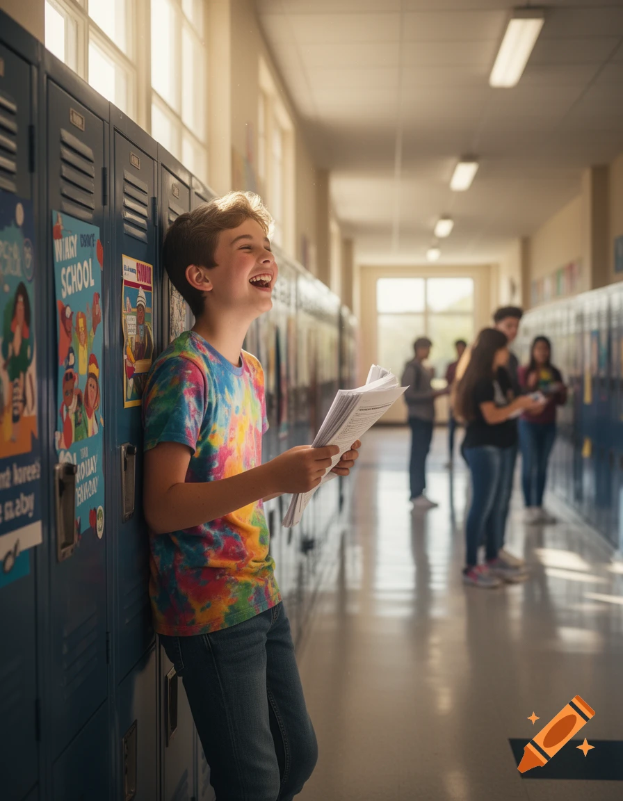 A smiling boy in a tie-dye shirt leans against lockers in a school hallway, holding papers.