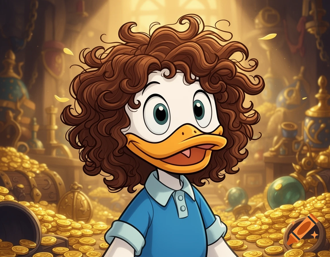 A cartoon duck character with brown curly hair and a blue shirt stands in a room full of gold coins.