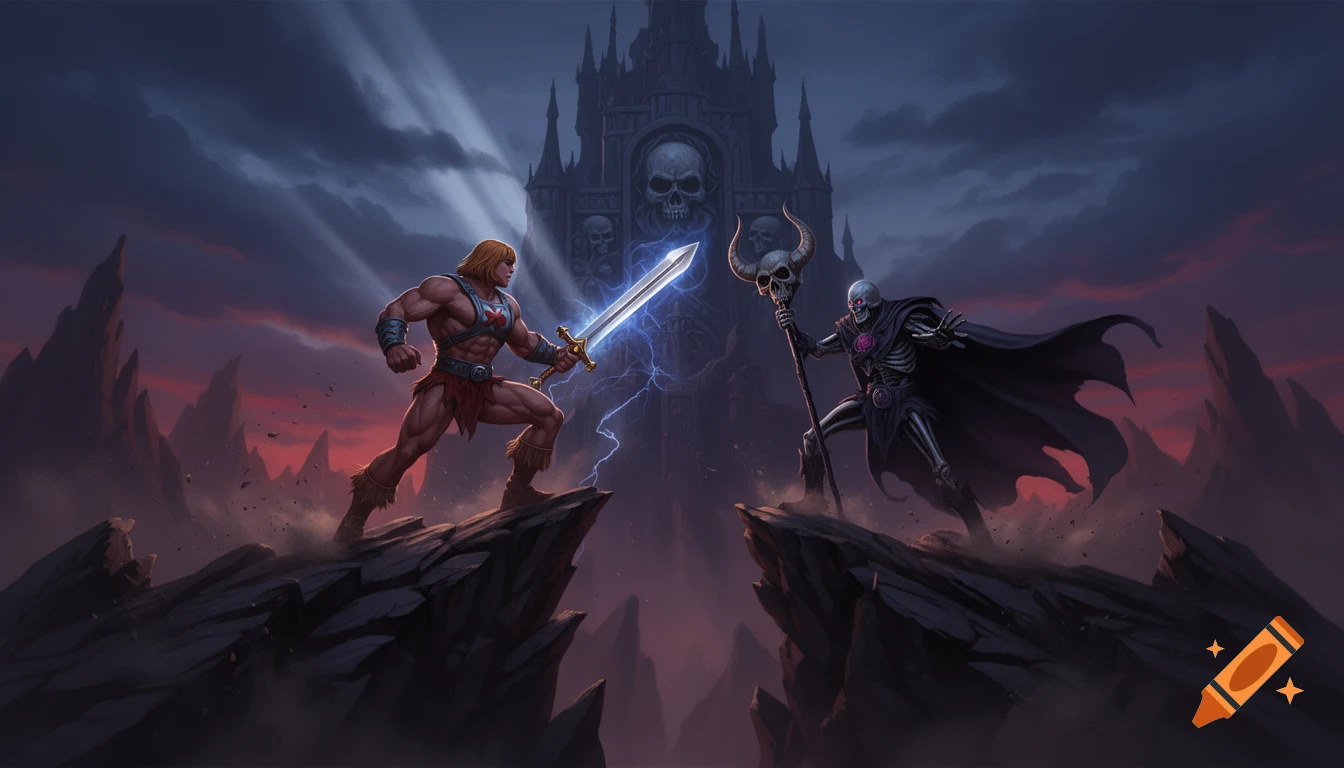 He-Man and Skeletor battle on rocky cliffs before Greyskull Castle under a dramatic, cloudy sky.