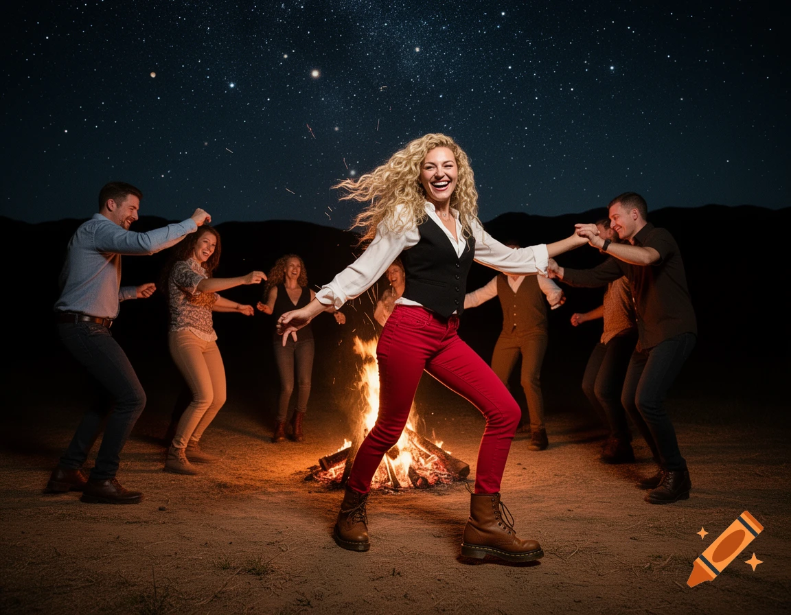 A group of happy people dancing around a bonfire under a clear, starry night sky.