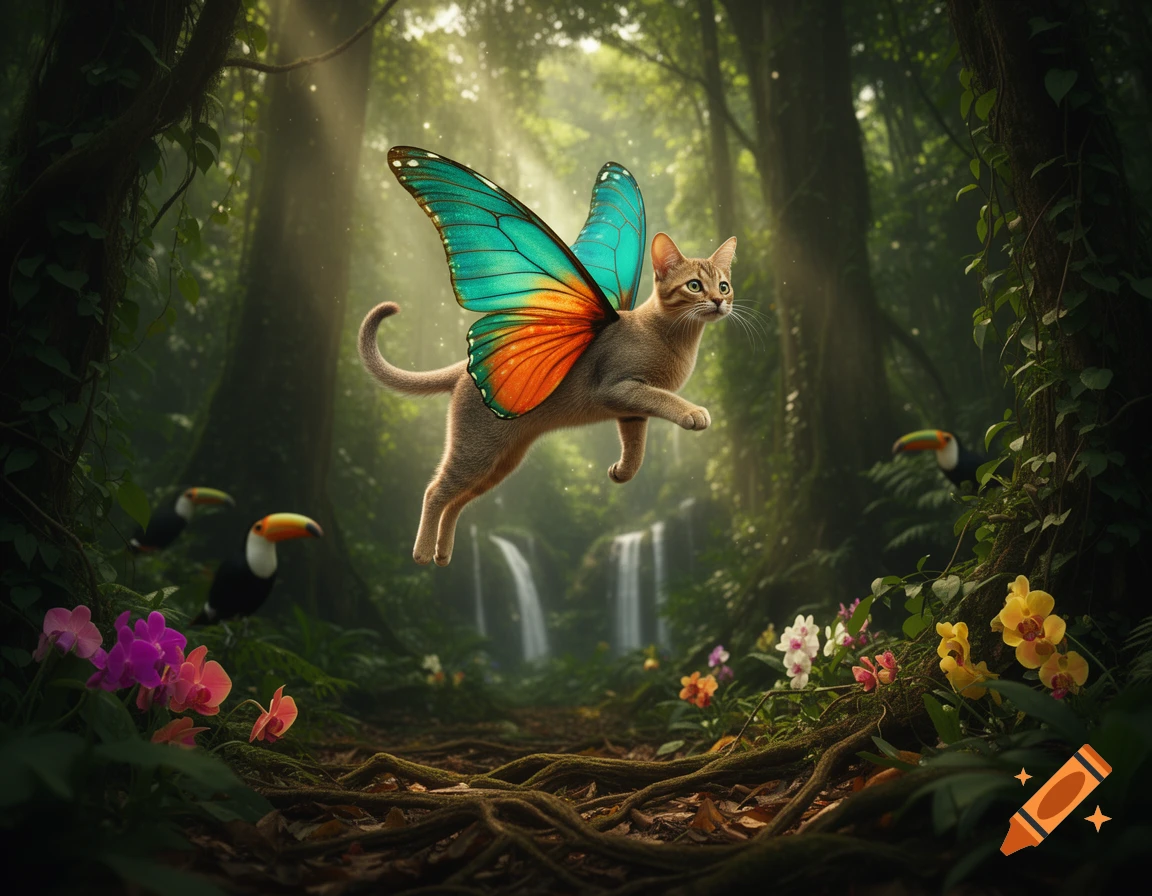 A fluffy brown cat with large, colorful butterfly wings flies through a lush rainforest with waterfalls and toucans.