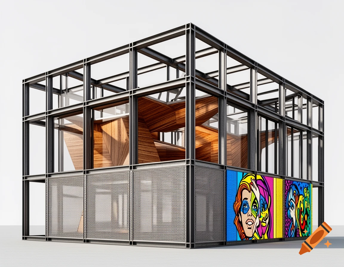 A modern building with a steel frame, glass walls, perforated metal facade, and vibrant Roy Lichtenstein-style pop art panels.