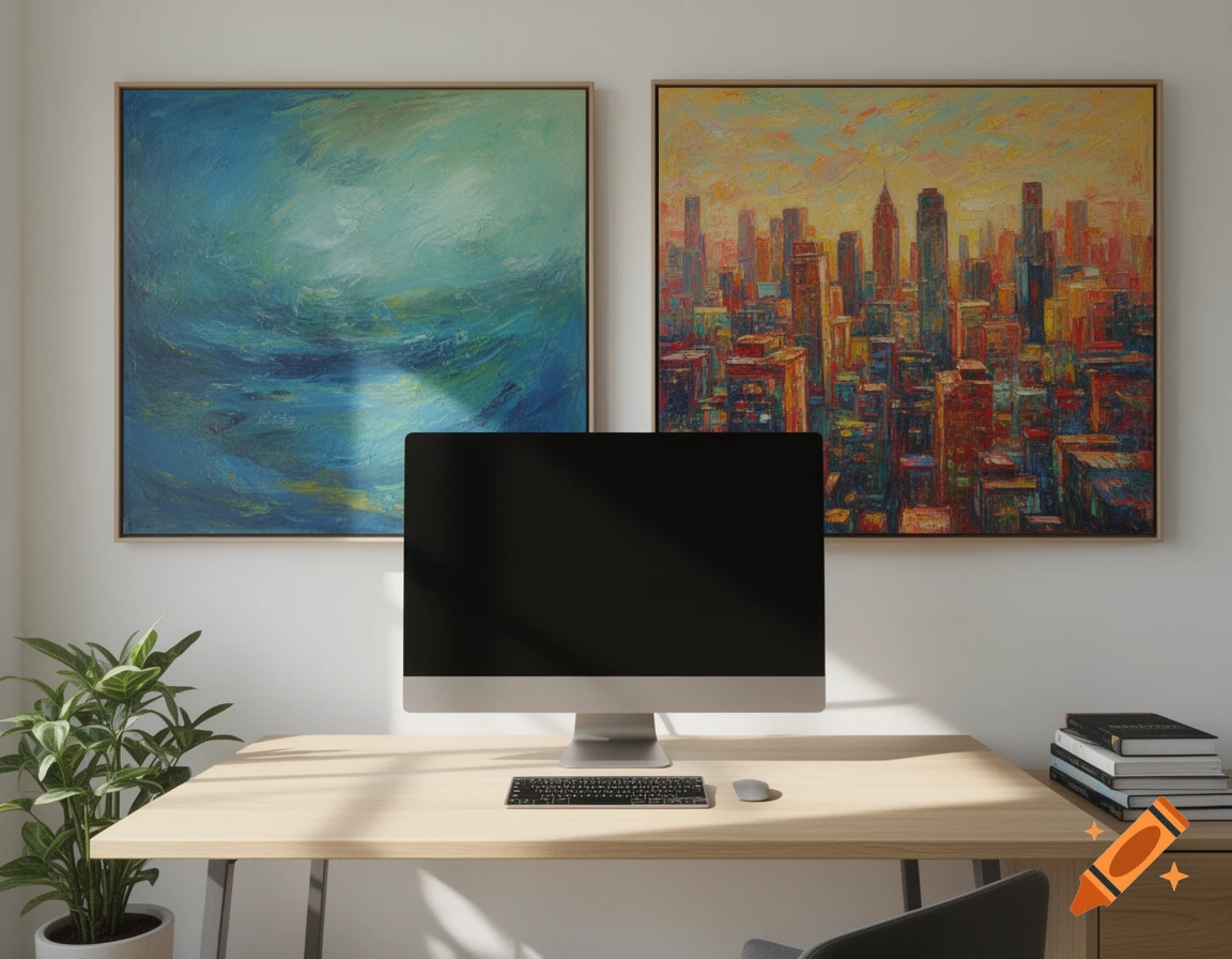 A modern home office setup with a light wood desk, desktop computer, and two abstract paintings on the wall.