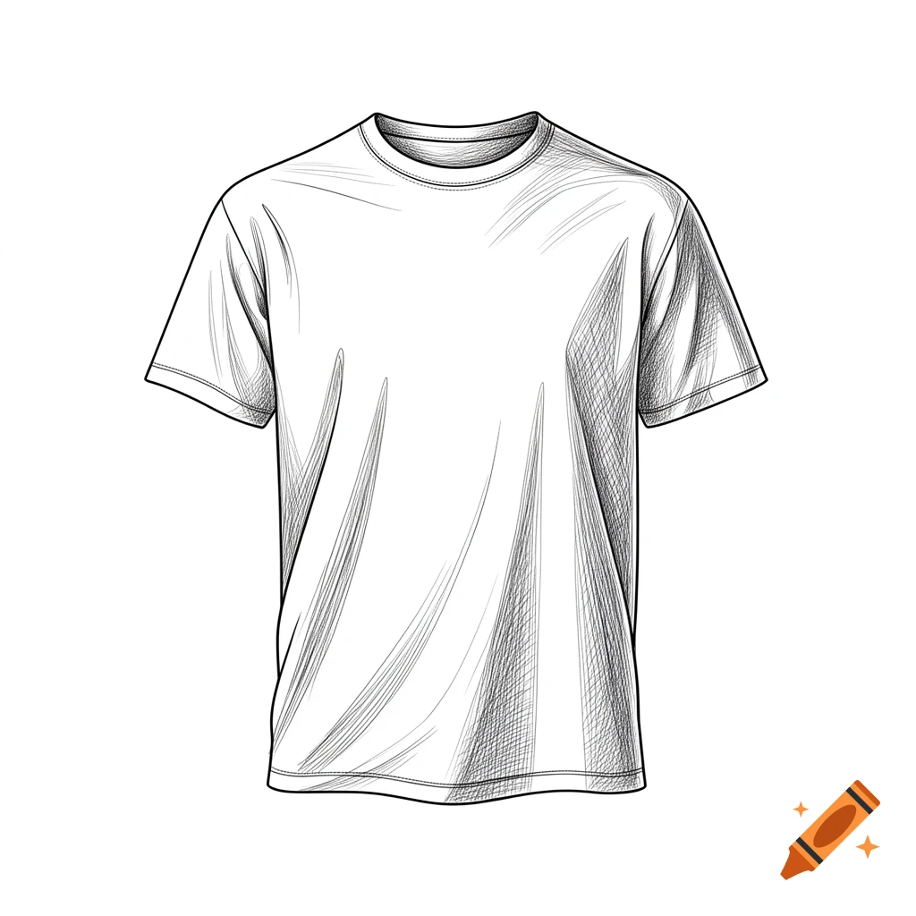 Line art drawing of a plain white t-shirt with short sleeves and a round neck.