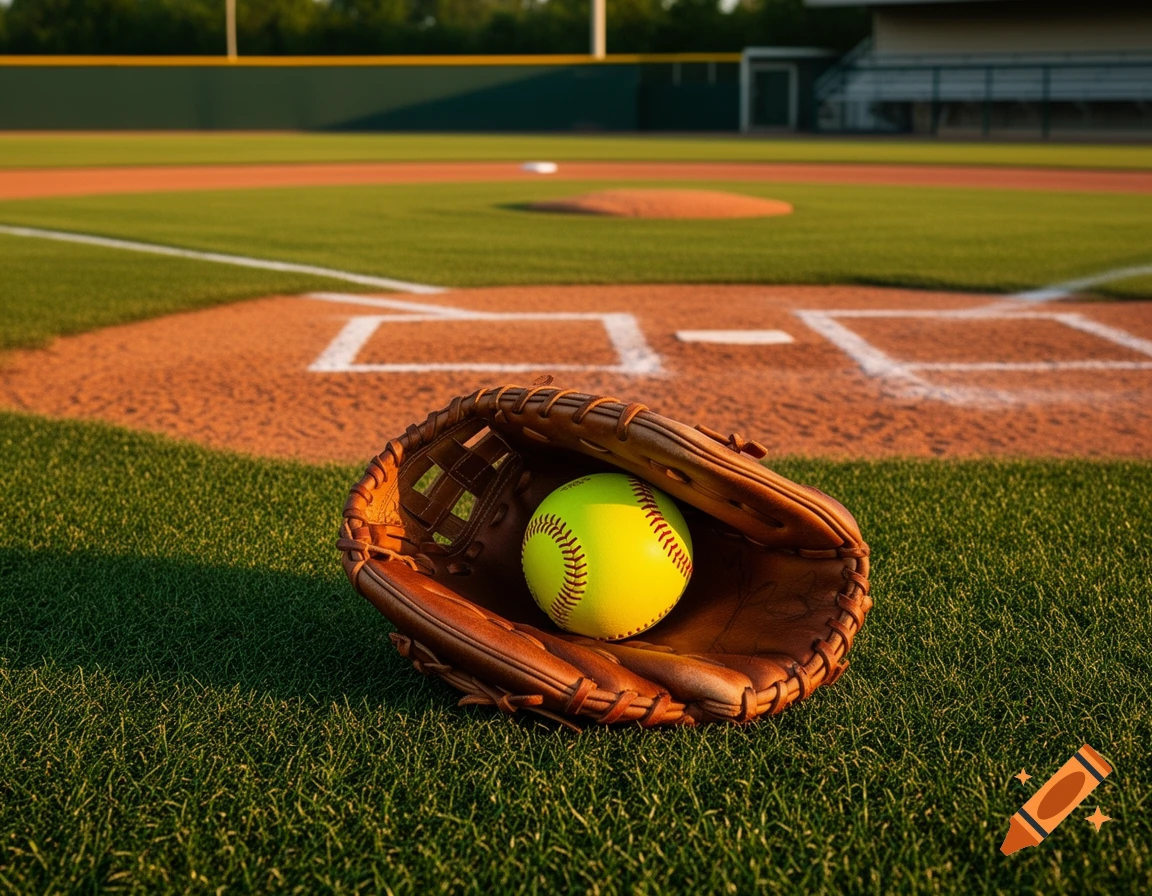 A brown baseball glove holding a bright yellow softball rests on green grass, with a baseball field in the background.