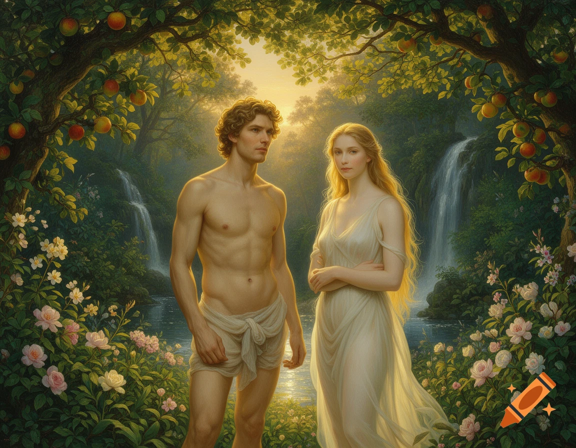 A man and woman, Adam and Eve, in a lush Garden of Eden with waterfalls, fruit trees, and blooming flowers.