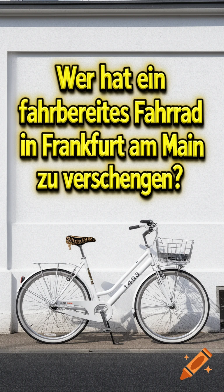A white ladies' bicycle with a front basket and "1453" on its frame stands against a white wall with yellow German text that reads "Who has a ready-to-ride bicycle to give away in Frankfurt am Main?"