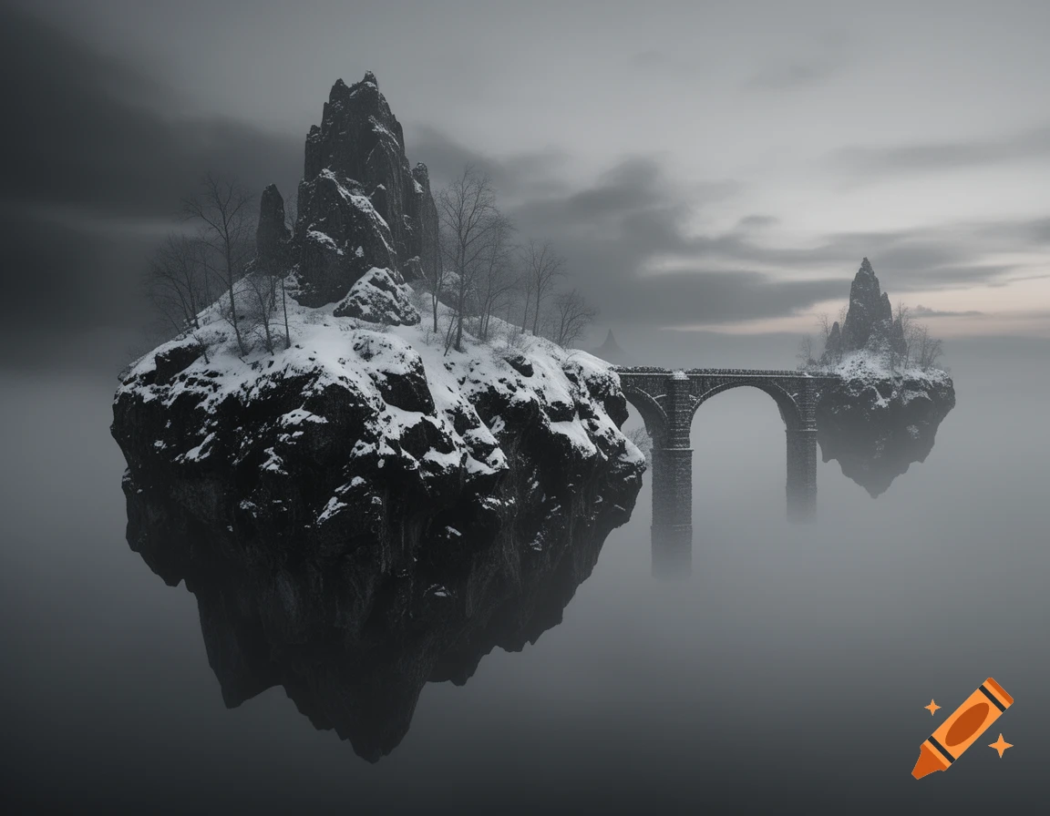 Snowy floating islands connected by a stone arch bridge, shrouded in mist under a dark gray sky.
