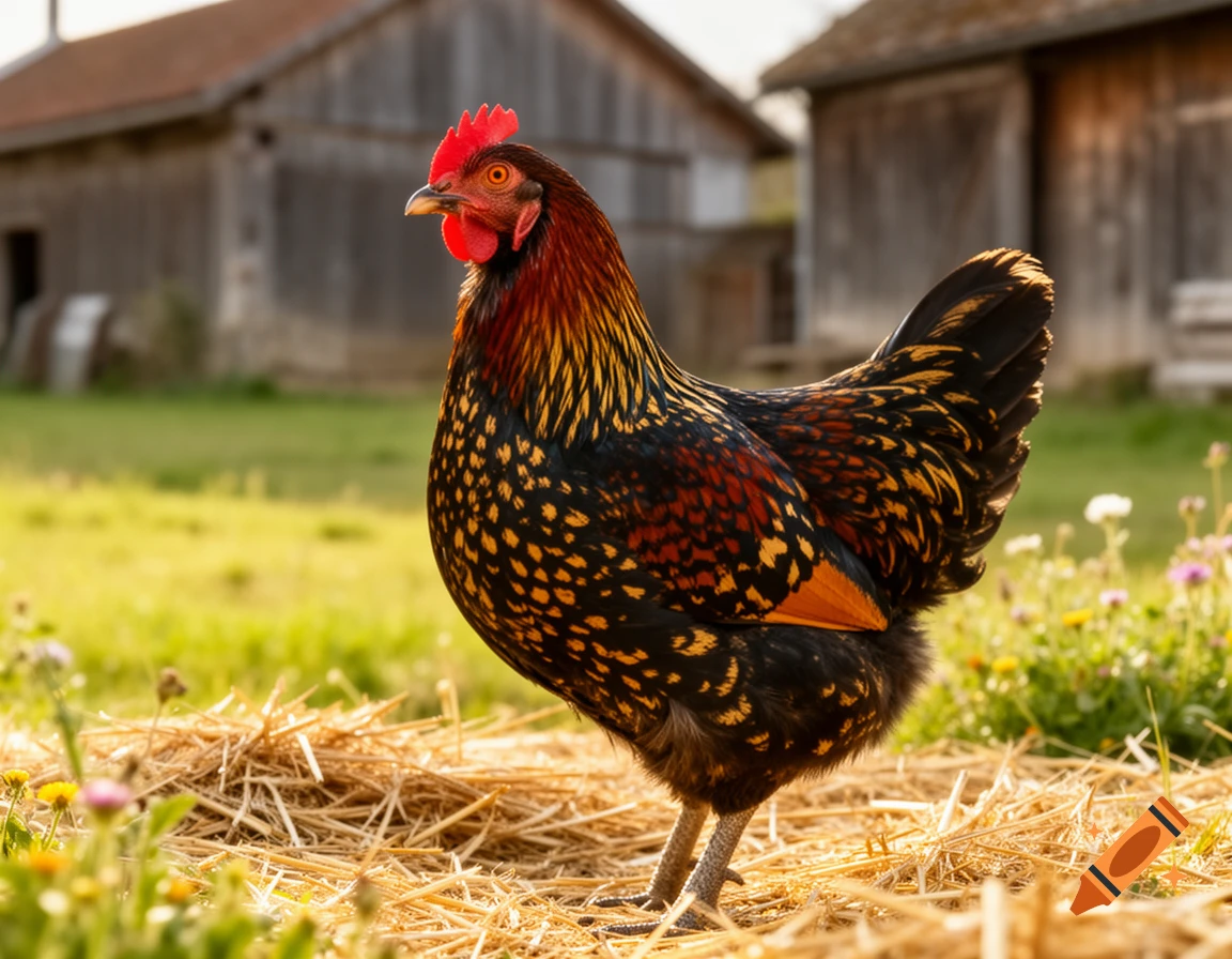 A golden-laced chicken with black, gold, and red feathers stands on hay in a sunny grassy field with blurred farm buildings in the background.