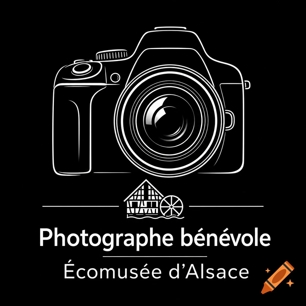A minimalist black and white logo with a stylized DSLR camera outline above text 'Photographe b tn vole' and ' comus d d'Alsace', next to a small house and waterwheel icon.