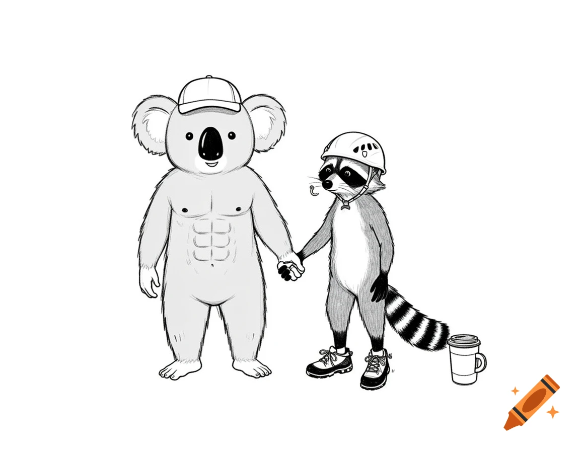 Black and white sketch of a muscular koala in a cap and a raccoon in a climbing helmet, holding hands. A coffee cup is beside the raccoon.
