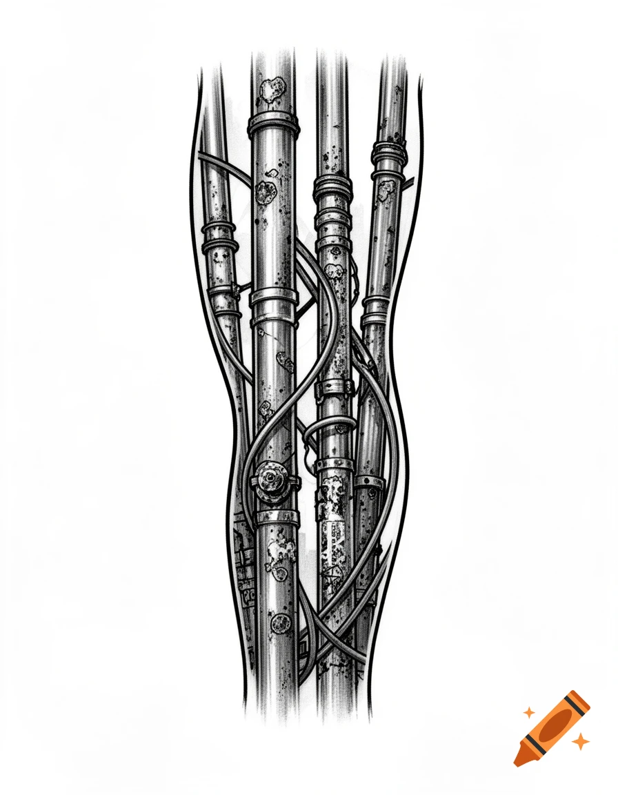 Black and white drawing of rusty, interconnected pipes with wires, designed like an elbow tattoo sleeve.