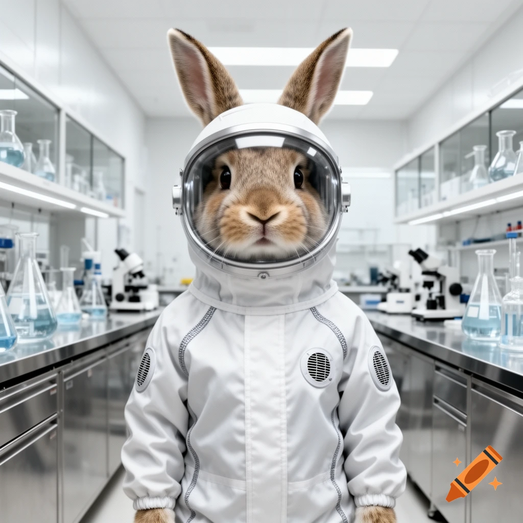 A photorealistic rabbit wearing a white cleanroom suit and helmet stands in a sterile laboratory setting.