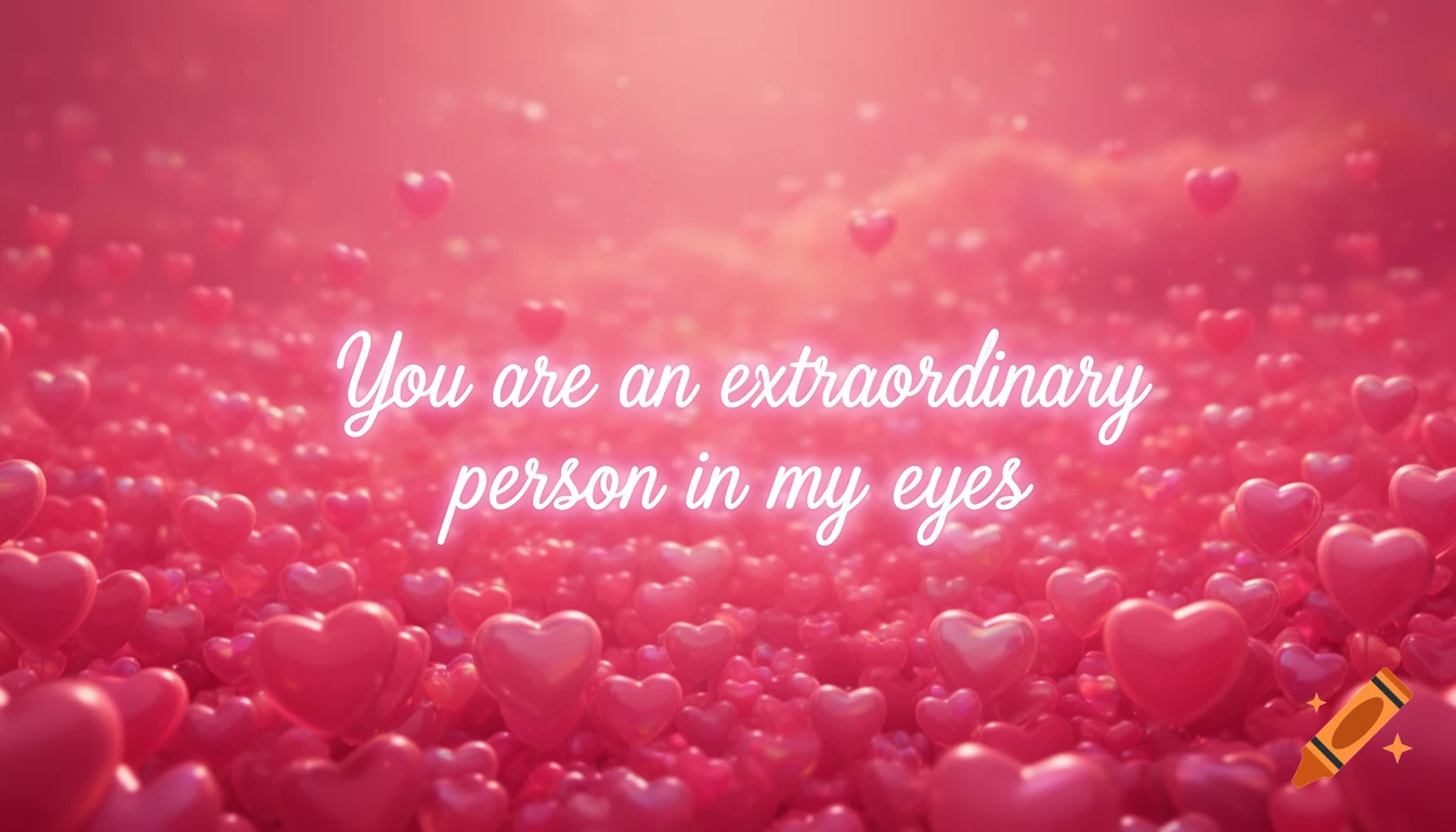 Vibrant pink background covered in glossy red hearts, with white script text that reads 'You are an extraordinary person in my eyes'.