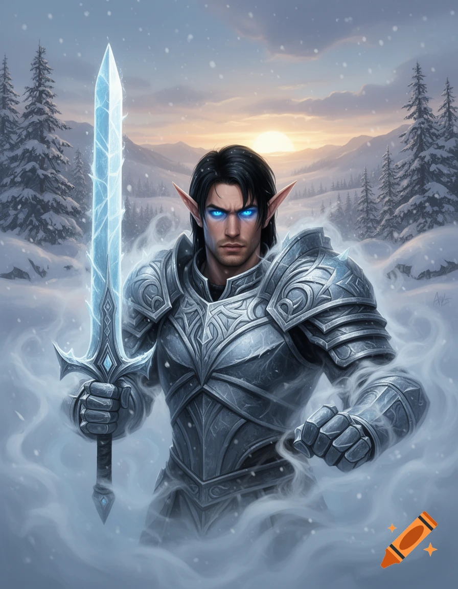 Male elf warrior in silver armor holding a glowing ice sword amidst glacial mist in a snowy mountain valley at sunset.