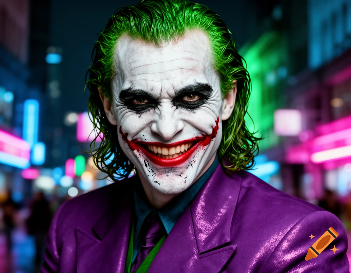 Photorealistic portrait of the Joker with white face paint, green hair, and a menacing red smile, wearing a purple suit against a blurred neon city.