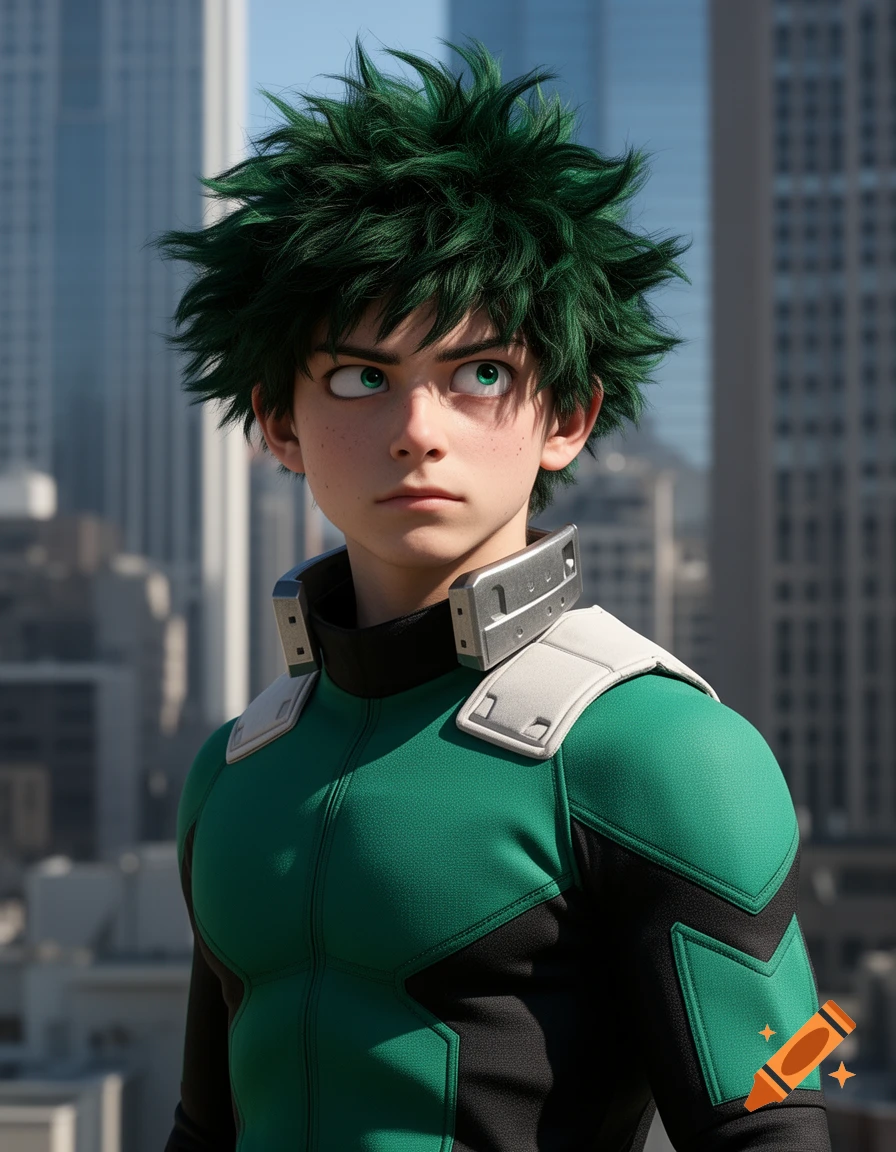Realistic portrait of Izuku Midoriya from My Hero Academia in his green hero suit, looking up against a city backdrop.