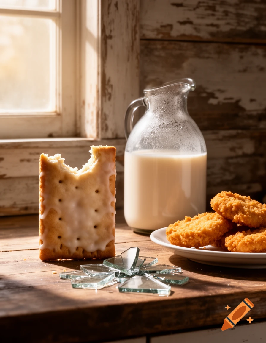 A partially eaten frosted pastry, a jug of milk, and chicken nuggets with broken glass on a wooden table by a window.