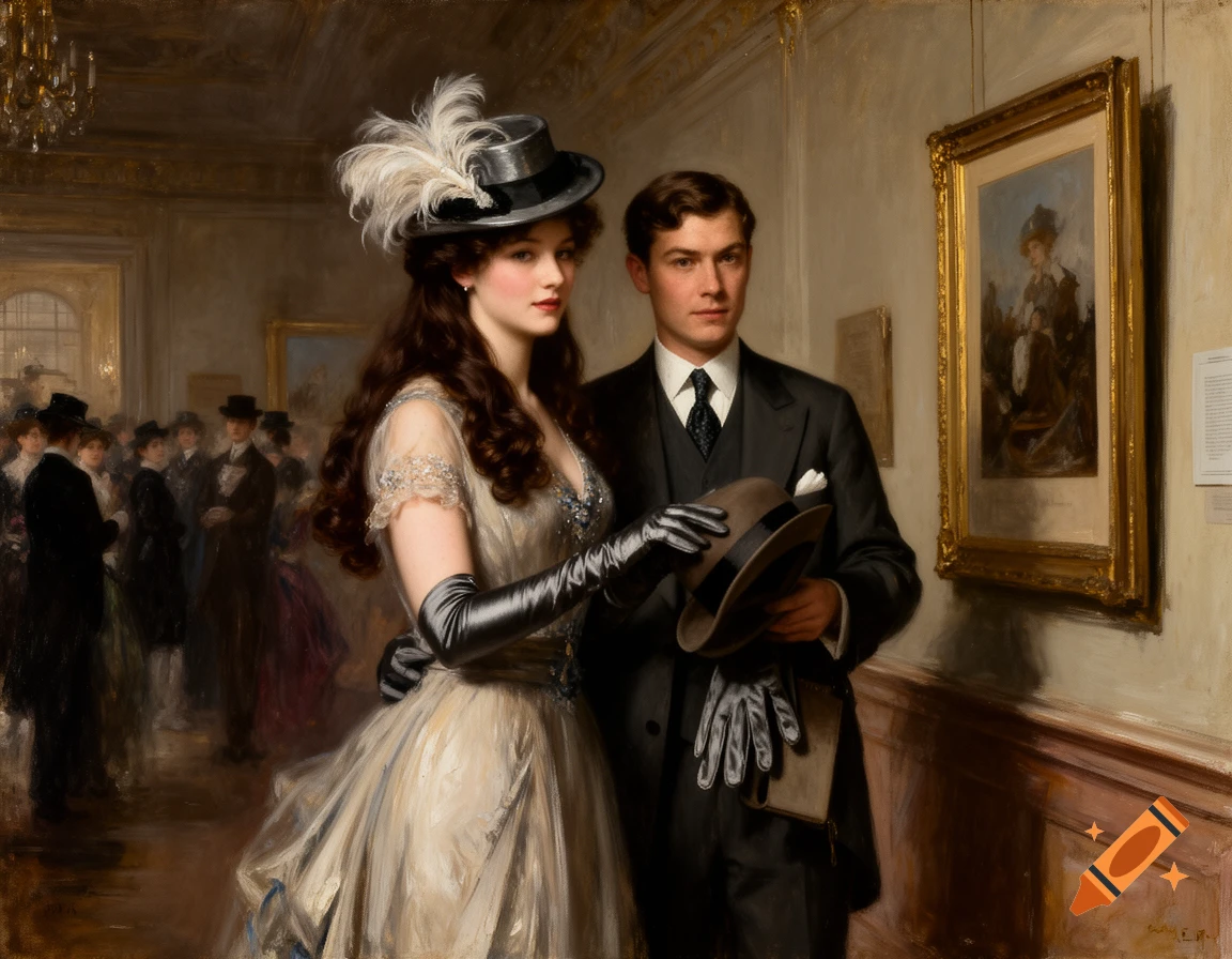 Oil painting of an elegant Edwardian couple in a museum, the woman in a feathered hat and long gloves looking at the viewer, the man holding his hat.