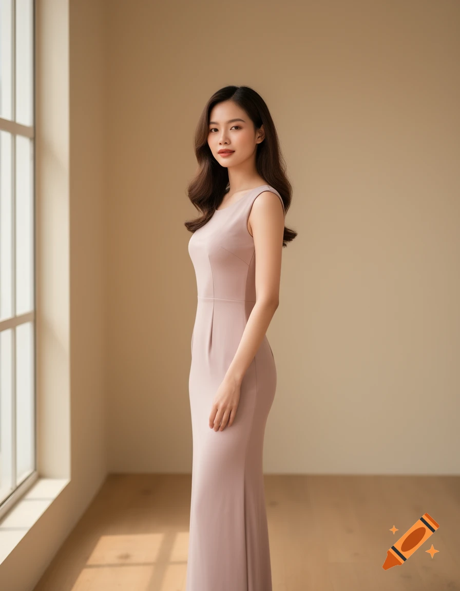 A photorealistic portrait of a young Vietnamese woman with long dark wavy hair, wearing a light pink sleeveless mermaid-style dress, standing in a brightly lit room with a window.