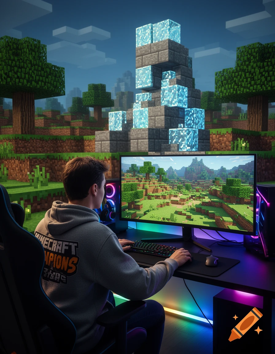 A person in a 'Minecraft Champions' hoodie plays Minecraft on a gaming PC with RGB lighting, set against a blocky Minecraft landscape.