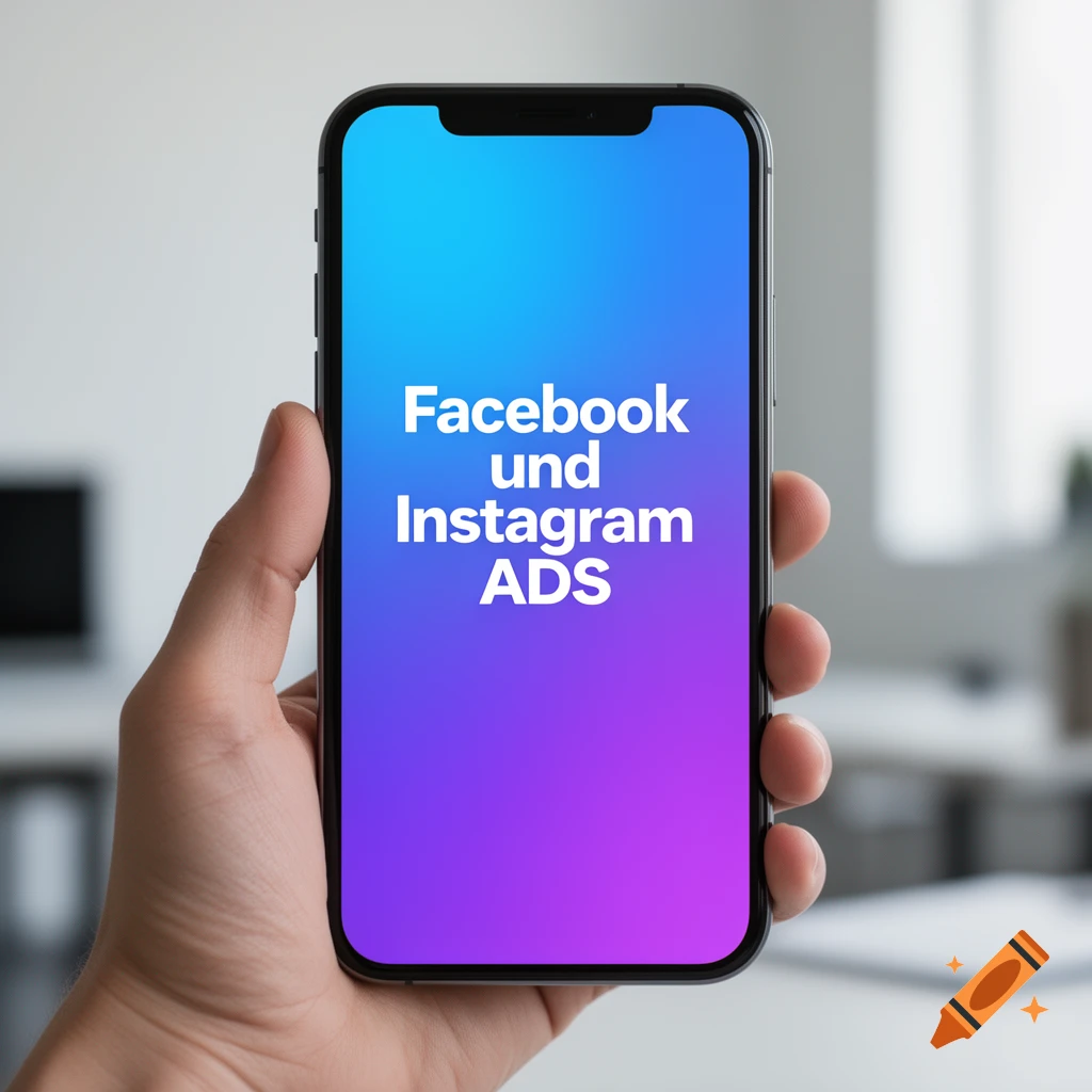 A hand holding a smartphone displaying 'Facebook und Instagram ADS' on a screen with a blue and purple gradient, against a blurred office background.