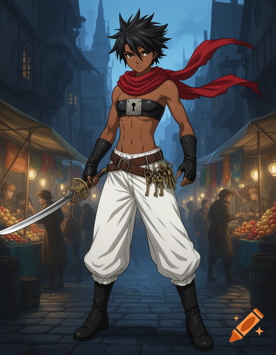 An anime-style dark-skinned tomboy thief with spiky black hair, red scarf, keyhole bandeau, and sword, standing in a market at dusk.