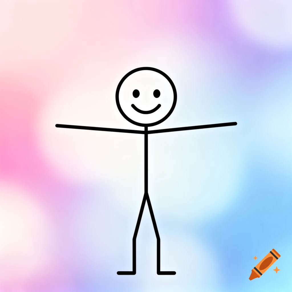 A smiling stick figure with arms outstretched stands against a soft, colorful, blurred background.
