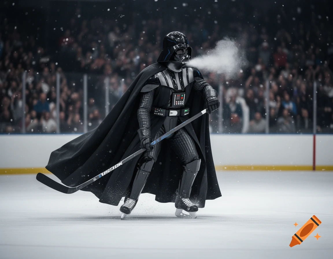 Darth Vader, in his iconic black armor and cape, skates on an ice hockey rink, holding a hockey stick and exhaling a cloud of vapor.