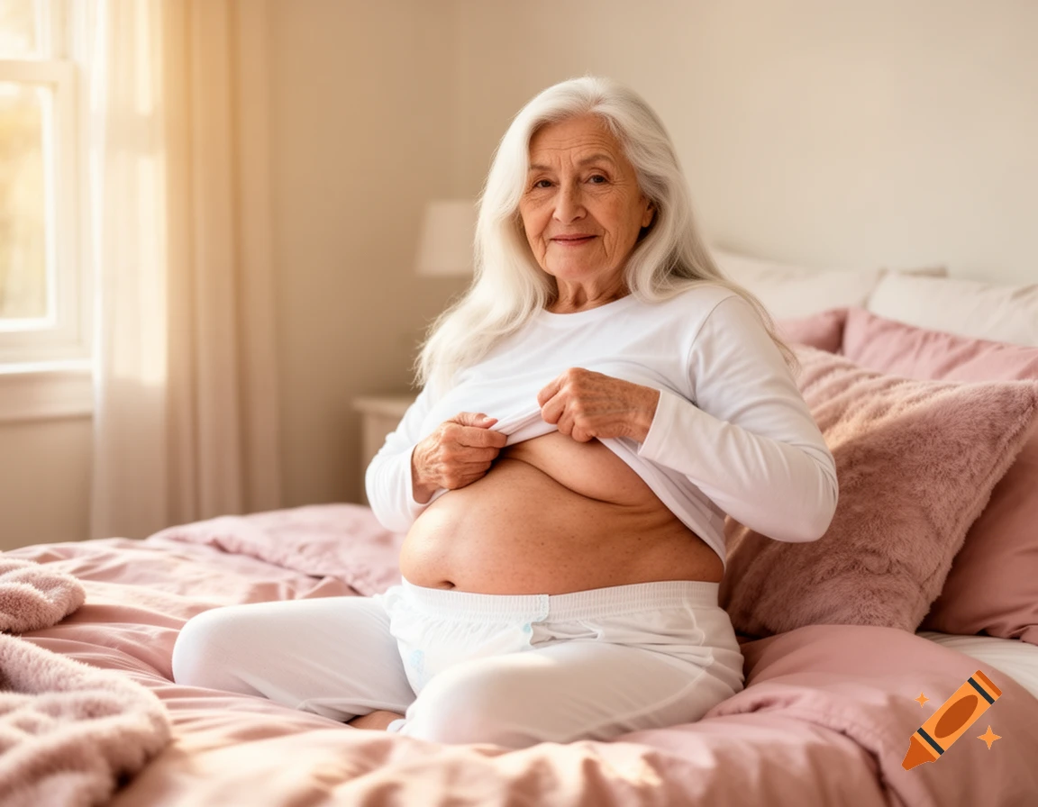 An elderly woman with white hair sits on a bed, smiling, pulling up her white shirt to reveal her belly and a white adult diaper.