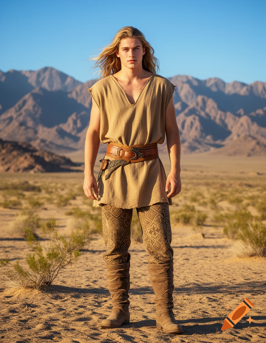 A handsome young man with long blond hair and blue eyes in fantasy desert attire stands in a vast desert landscape with mountains.