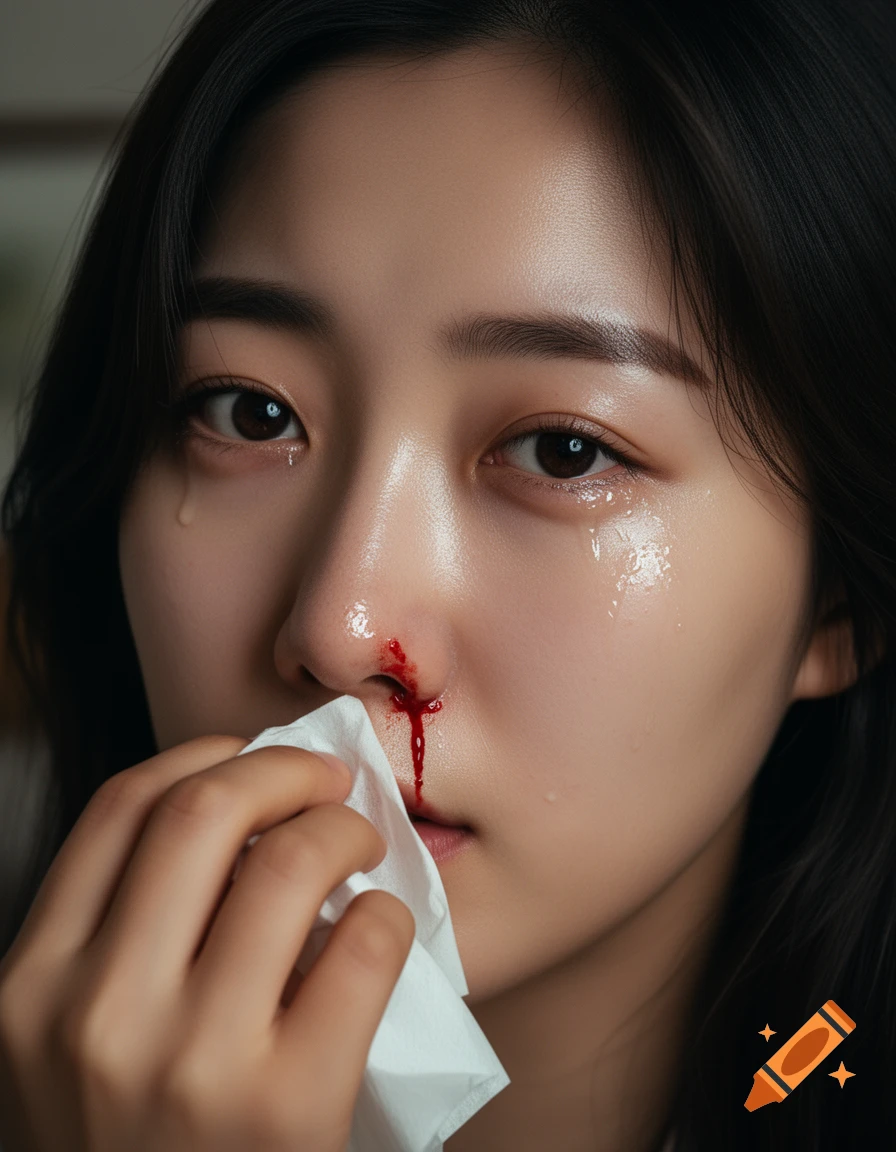 Close-up photorealistic portrait of a young Korean woman crying with a nosebleed, holding a tissue to her nose.
