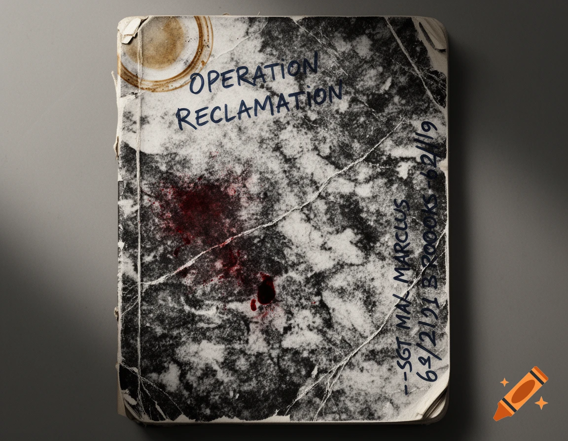 A photorealistic, worn composition book with a coffee stain, dark smudges, and bloodstains. Handwritten blue ink reads "OPERATION RECLAMATION" and "--SGT MAJ MARCUS BROOKS 62/21/19" vertically on the side.