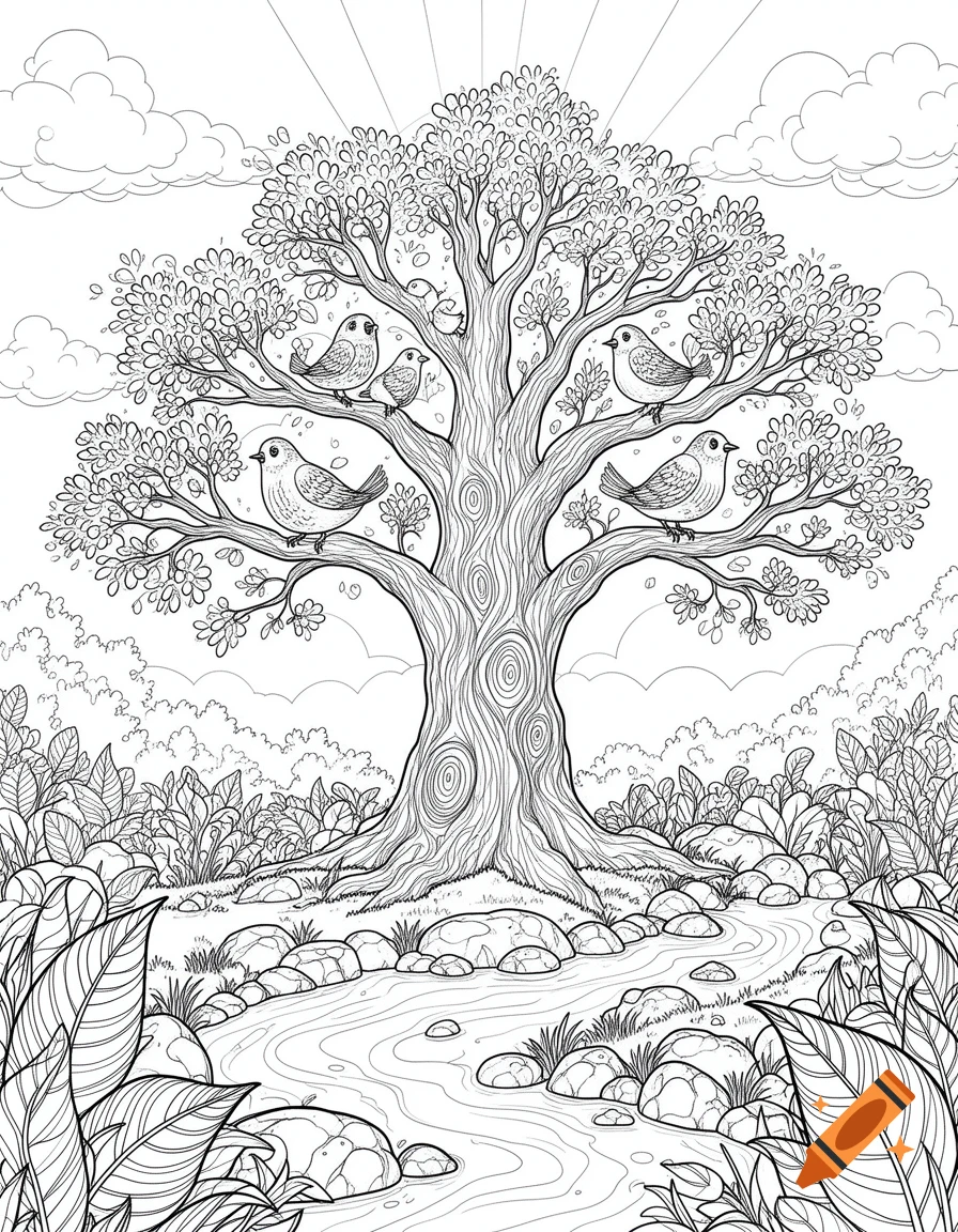 A black and white line art coloring page depicting a large tree with birds, a winding river, and rocks.
