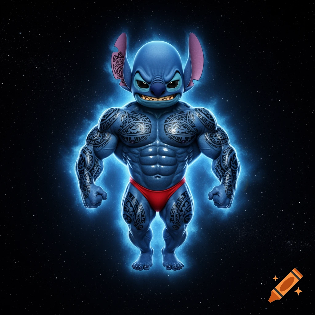 A heavily muscled, tattooed Stitch wearing a red thong, floating in space with a blue aura.