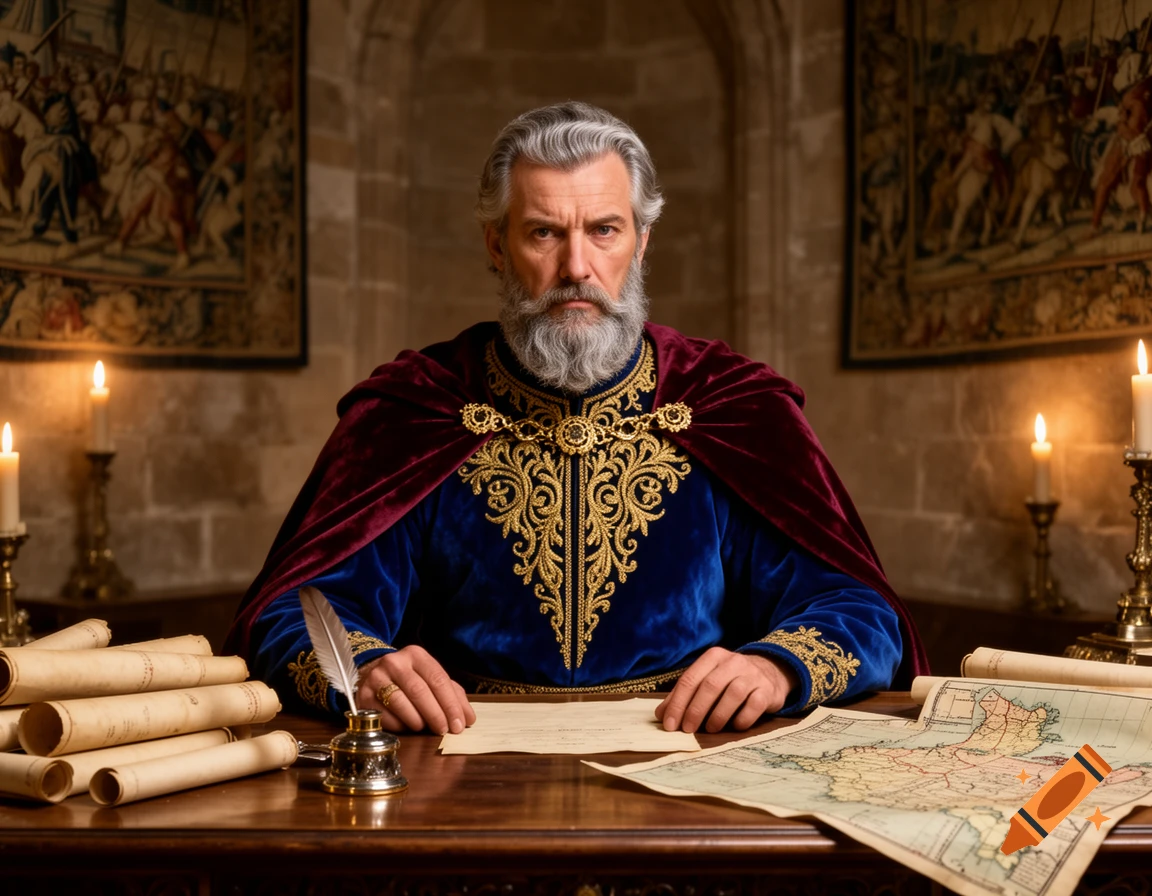 A grey-bearded medieval statesman in a blue and gold robe sits at a desk with scrolls and a map.
