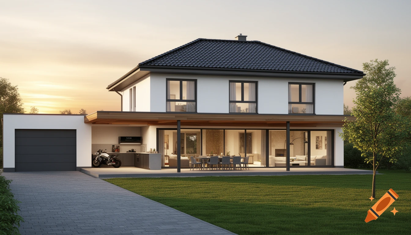 A modern two-story white house with a dark roof, large glass facade, attached garage, and outdoor kitchen, on a lawn at sunset.