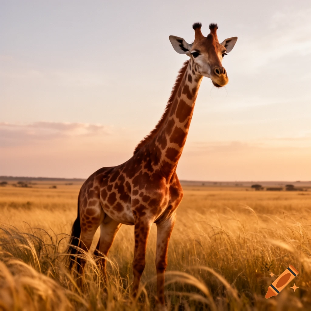 Photorealistic giraffe standing in a golden grassy field at sunset.
