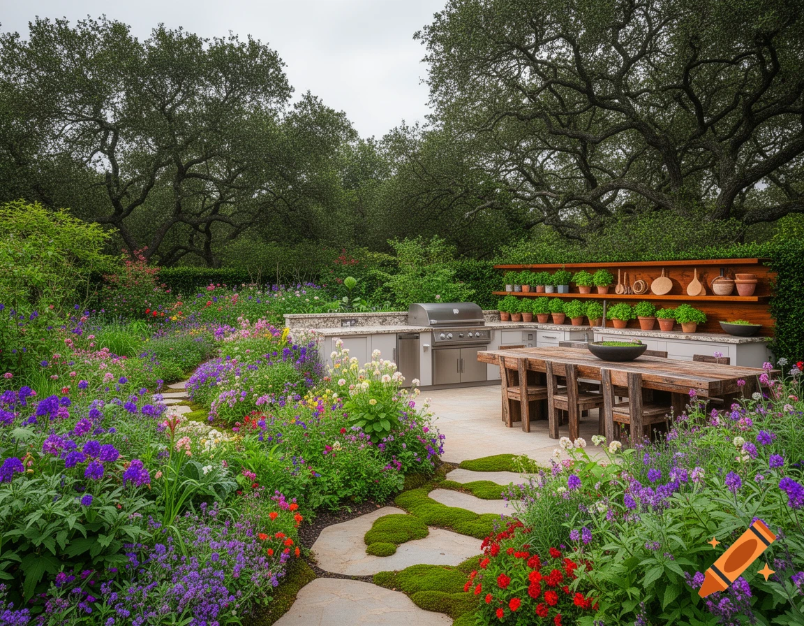 Lush garden with vibrant, colorful flowerbeds, a winding stone path, and a modern outdoor kitchen with a grill and dining table.