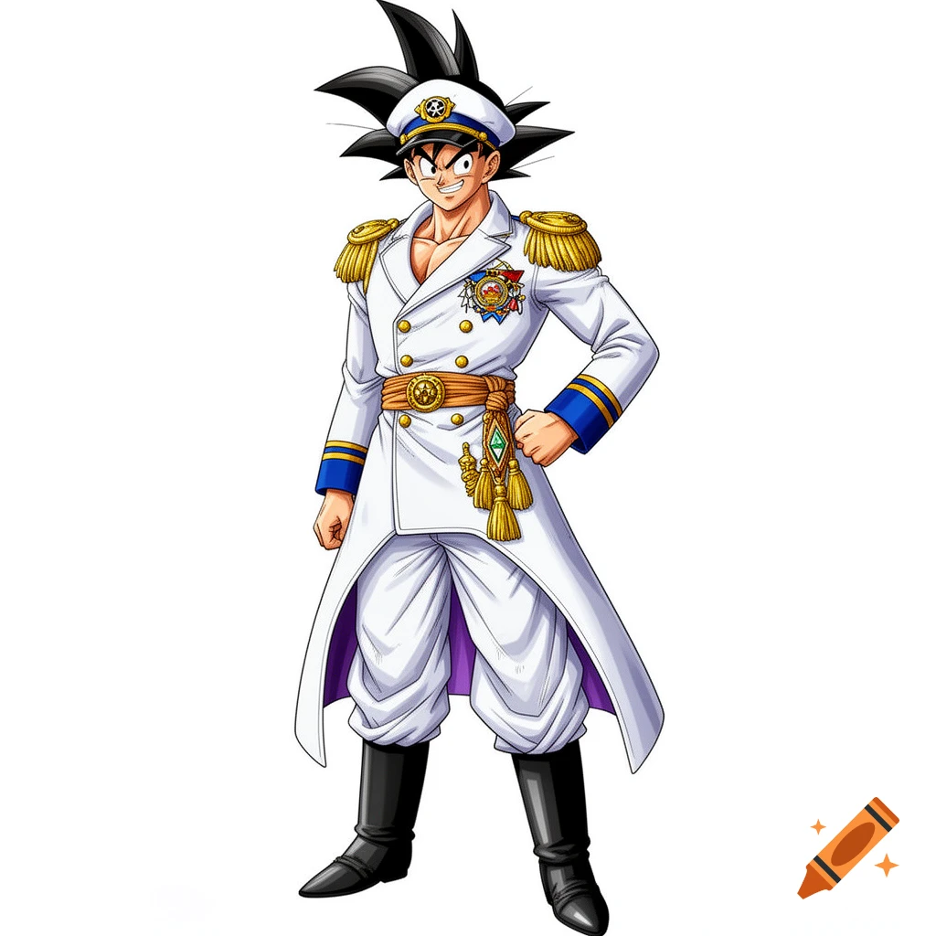 Son Goku from Dragon Ball wearing a white One Piece Marine Admiral uniform with gold epaulettes and medals.